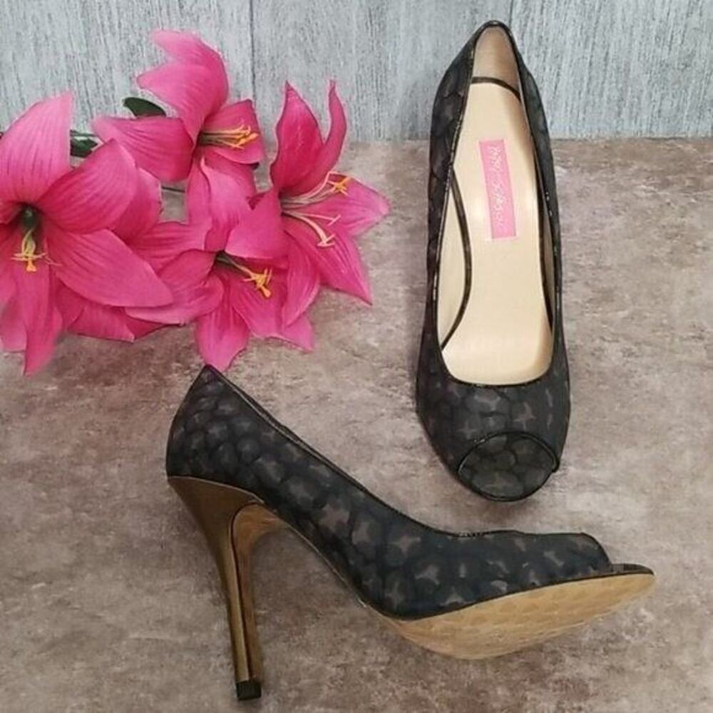 Betsey Johnson Black Mesh Peep-Toe Heels with Gold Stiletto